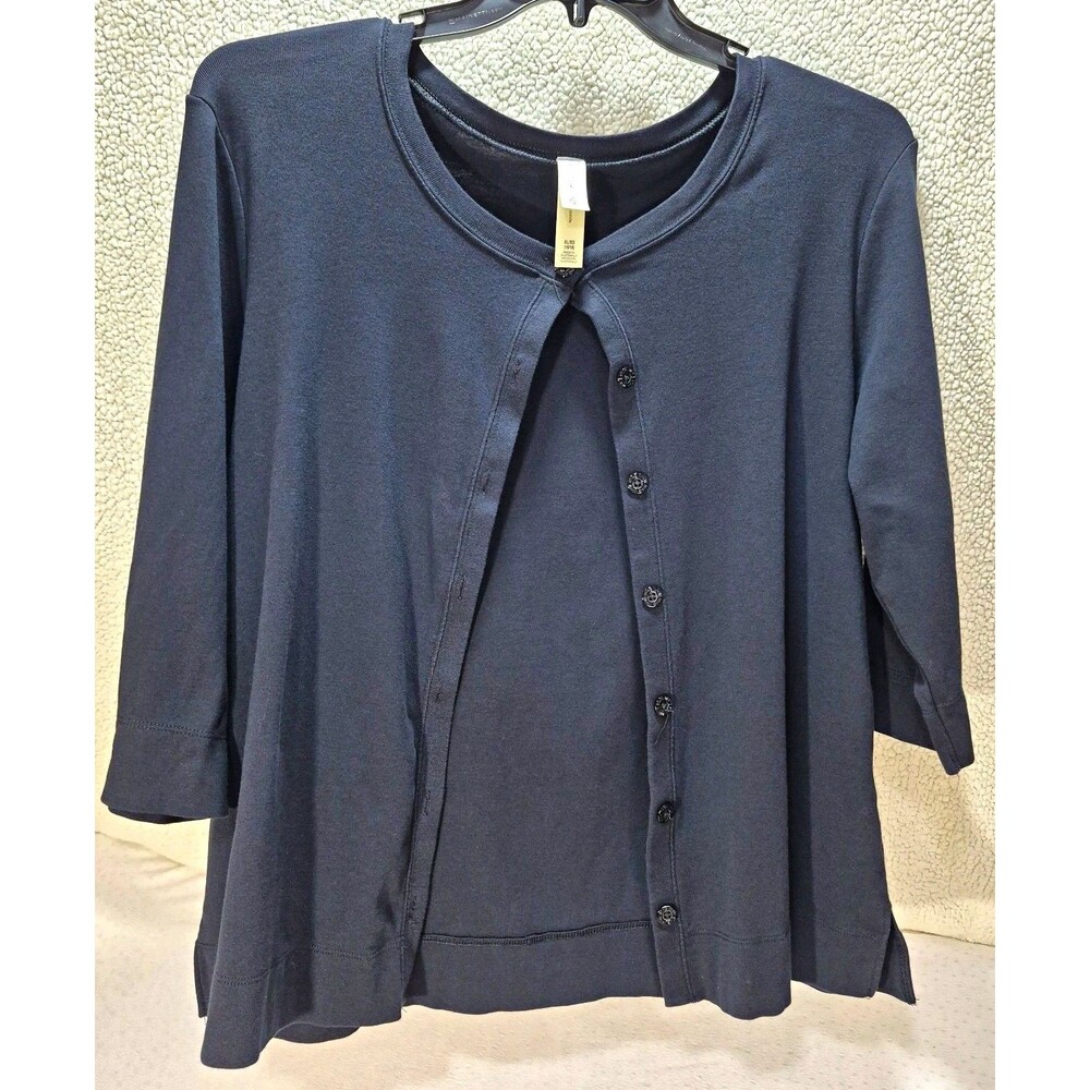 White Stag Womens XL Black Cotton Knit Button Front Cardigan Sweater 3/4 Sleeve
